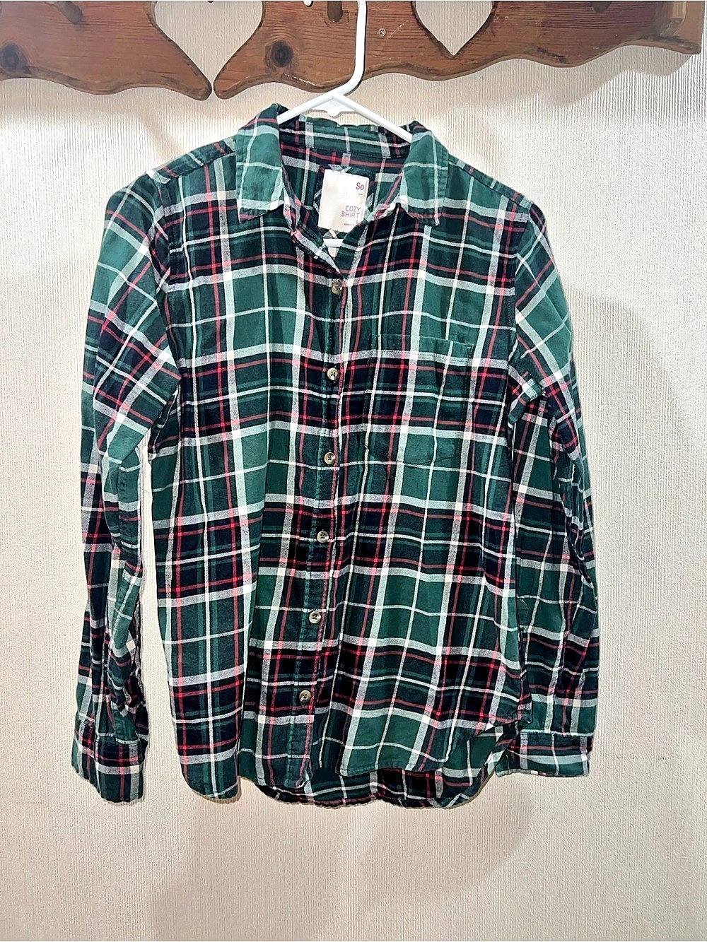 SO Cozy Shirt Plaid Flannel Womens Small Green Red White Long Sleeve Button Fron
